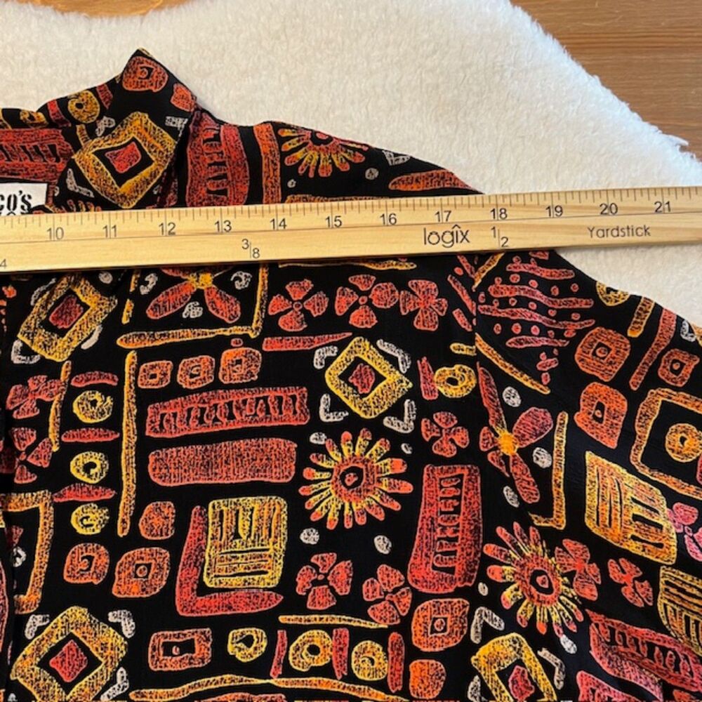 Chicos Design Orange Black 100% Rayon Fiesta Button Front Long Sleeve Top Size 3 - Picture 9 of 11